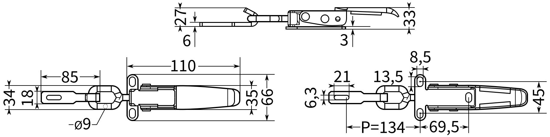 Замок-защелка регулируемый L=180 B79C-2, размеры