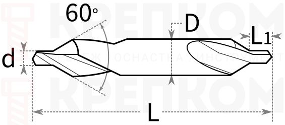 Сверло центровочное по металлу DIN 333 Профоснастка - схема, чертеж