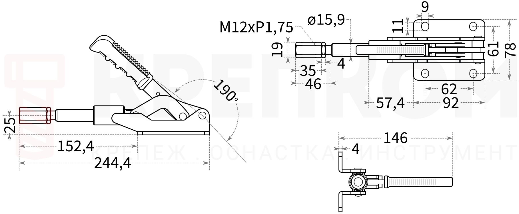 Зажим плунжерный (рычажный) 50 мм HD-303E чертеж с размерами