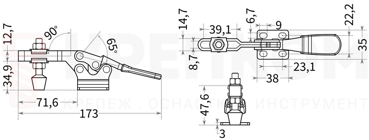Прижим рычажный L=173 мм (336E) - схема с размерами