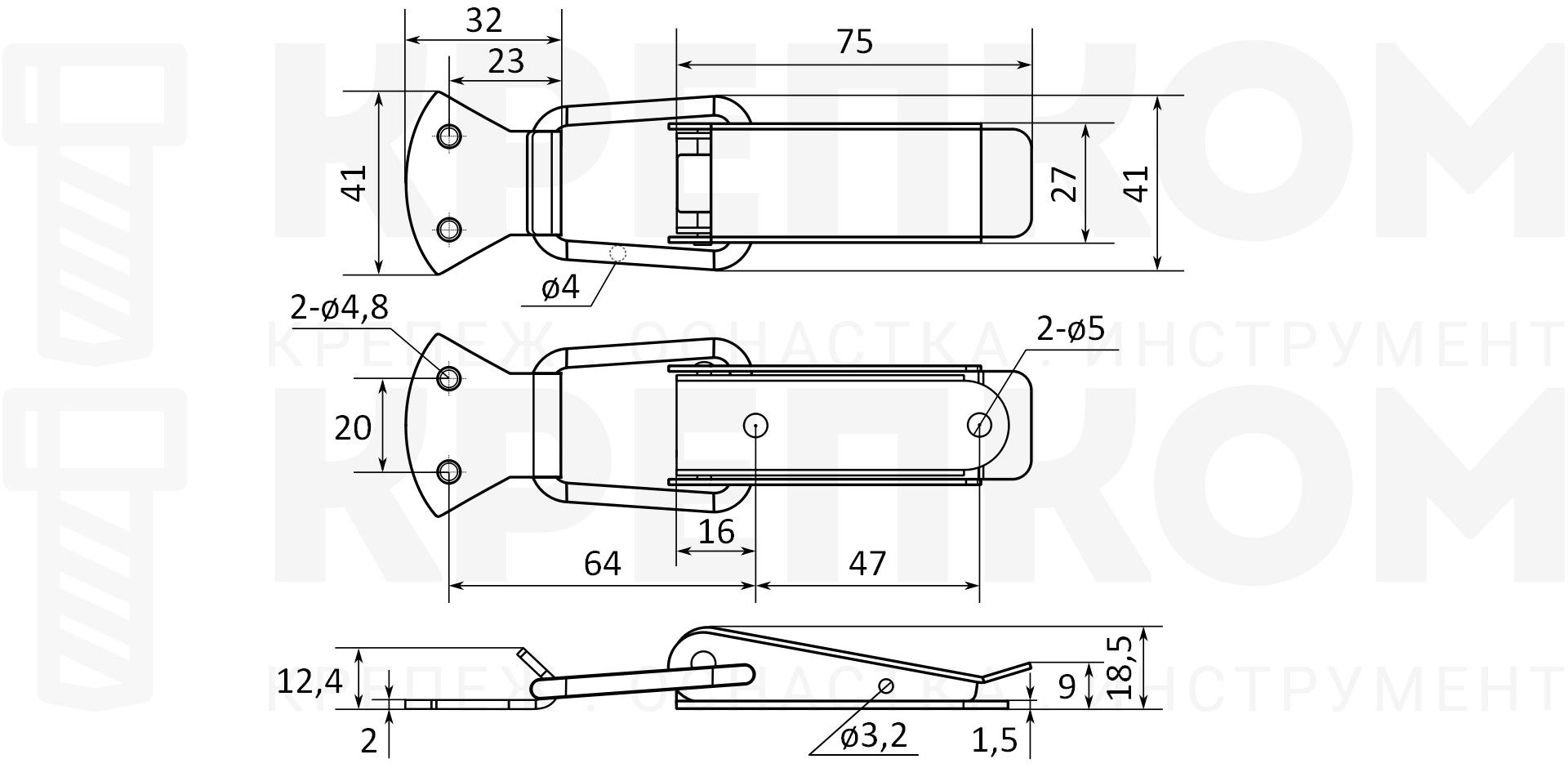 Защелка с пружиной для ящиков, кейсов L=100 B312C схема