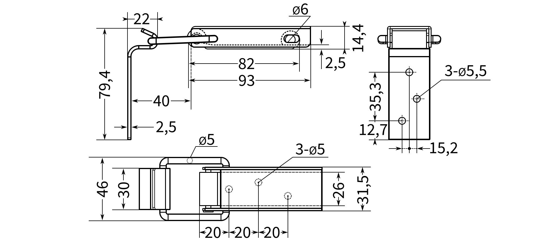 Замок-защелка для ящиков с отверстием для блокировки L=93 B63-2, размеры