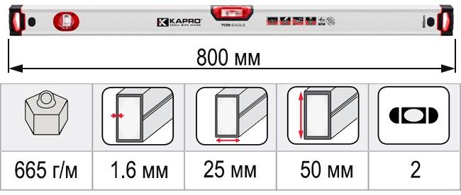 Размеры уровень строительный 800 мм KAPRO EAGLE 705-40-80