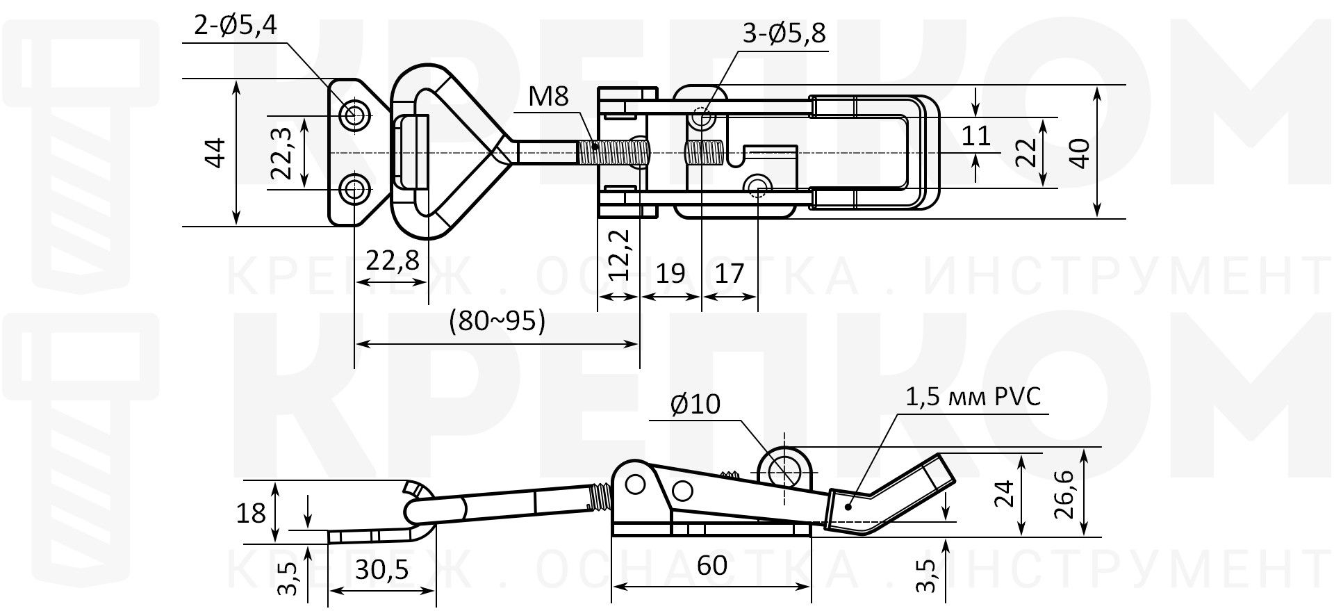 Замок регулируемый натяжной с ушком L=80-95 мм (5114C), размеры