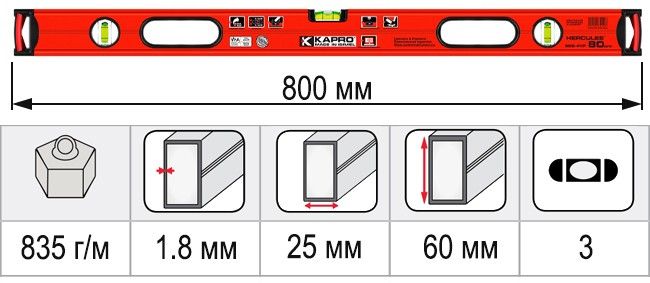 Размеры уровень строительный 800 мм KAPRO HERCULES 986-41-80