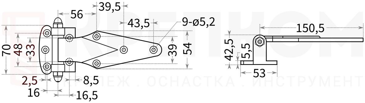 Усиленная петля (шарнир) для холодильного оборудования, шкафов и дверей L27 - размеры
