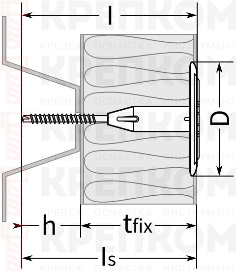 Винтовой дюбель fischer для теплоизоляции - схема, чертеж