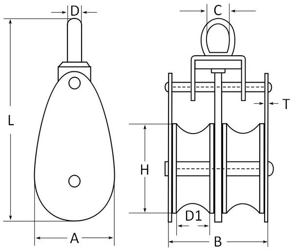Такелажный блок для троса, двойной, нержавеющая сталь А2 схема
