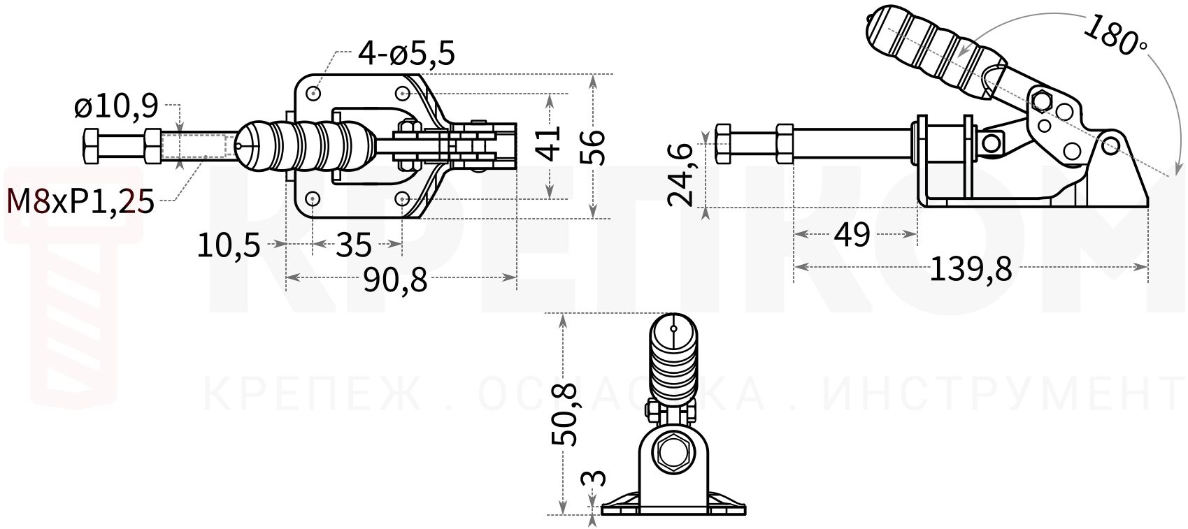 Зажим плунжерный (рычажный) 32 мм, нагрузка 136 кг, HD-302F, оцинкованный - фото