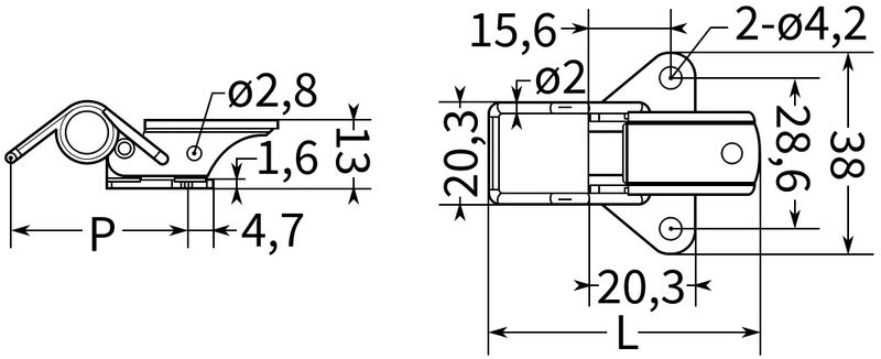 Мини защелка для ящиков и кейсов L=45 B434 - схема с размерами