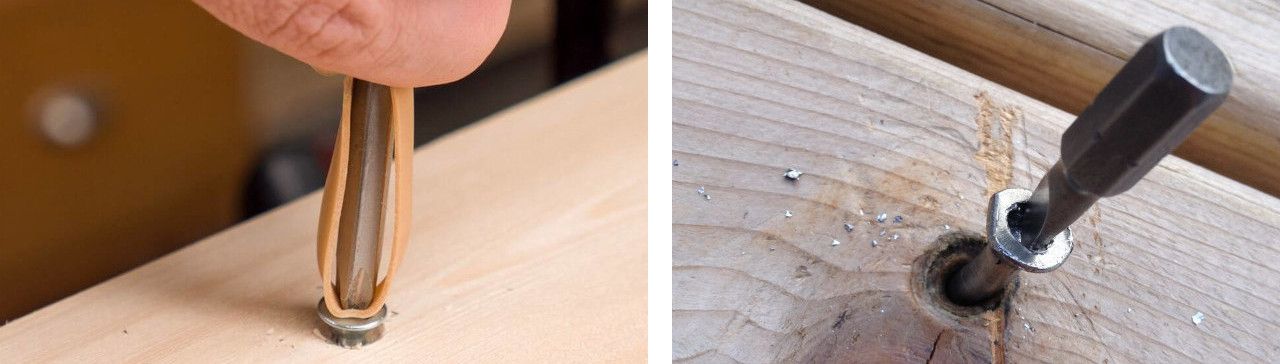 Выкручивание крепежа с сорванным шлицем с помощью резинового уплотнителя и суперклея - коллаж