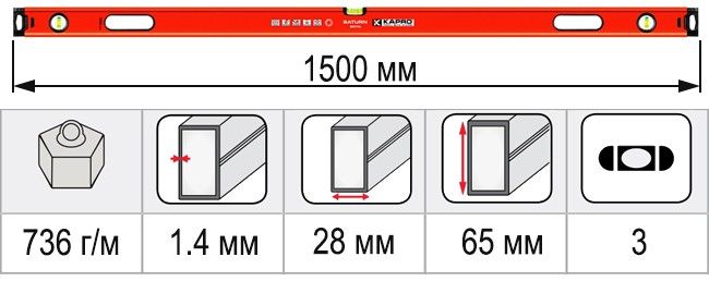 Размеры уровень строительный 1500 мм KAPRO SATURN 987XL-41-150
