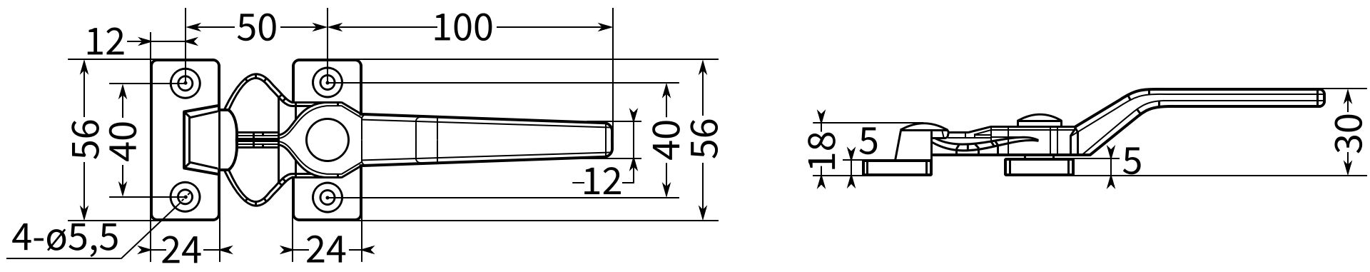 Ручка-защелка дверная L=100 N14C-2 - размеры, схема