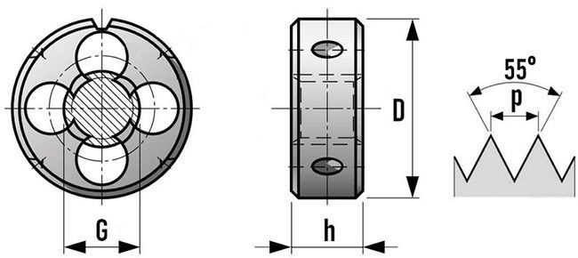 Плашка круглая дюймовая резьба G (BSP) HSSE DIN EN 22568 (DIN 5158) GSR - чертеж