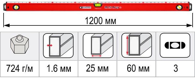 Размеры уровень строительный 1200 мм KAPRO EXODUS 770-42-120