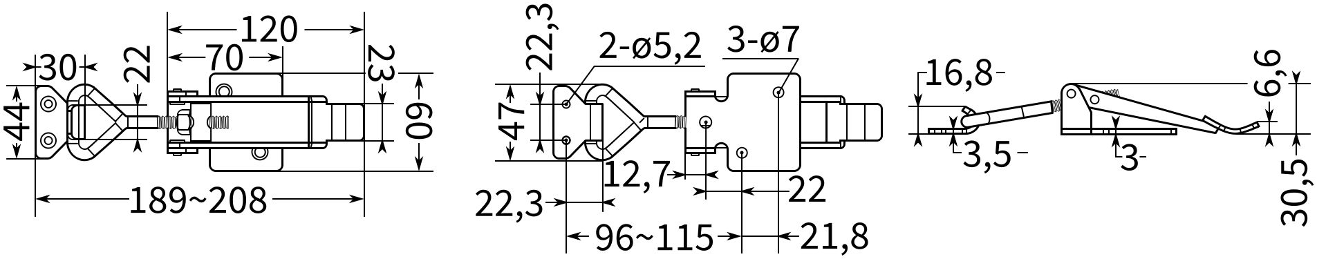 Замок регулируемый натяжной L=150-200 мм усиленный 5115C, нержавеющая сталь А2 - чертеж с размерами