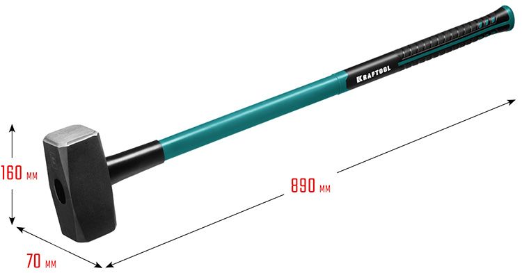 Кувалда 5 кг с удлиненной рукояткой Fiberglass Kraftool 2008-5 - размеры