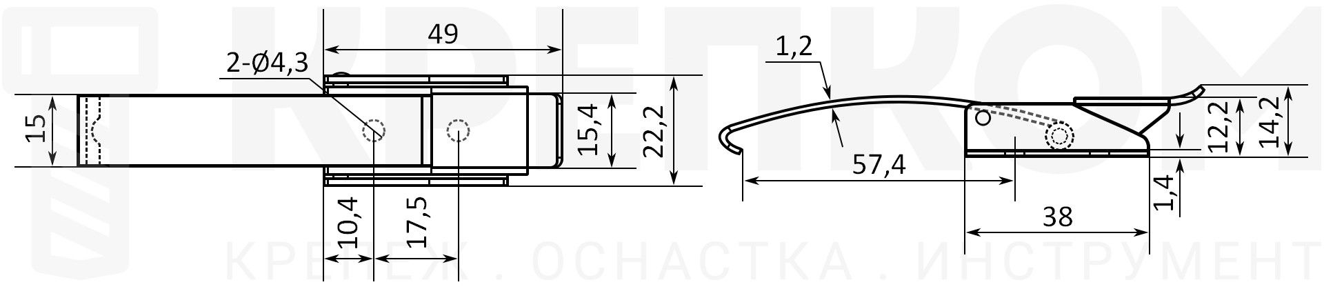 Гибкая защелка из нержавейки B52C-4 - схема с размерами