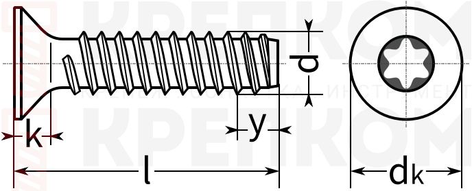 Саморез с потайной головкой и шлицем Torx, ISO 14586 (DIN 7982) форма F-схема