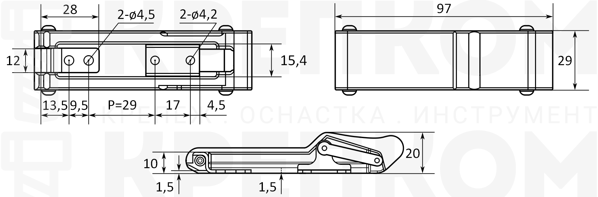 Замок-защелка L=97 B11 схема с размерами