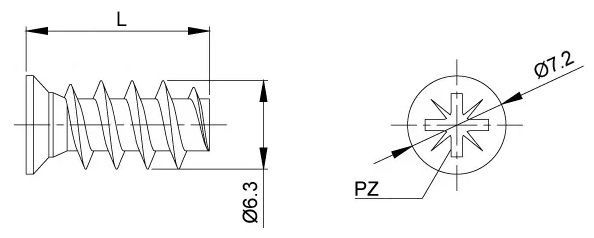 Евровинт с потайной головкой и шлицем PZ - размеры