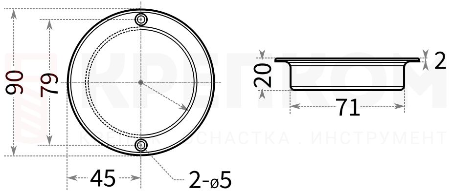 Ручка дверная встраиваемая круглая 90 мм N53C - размеры, схема