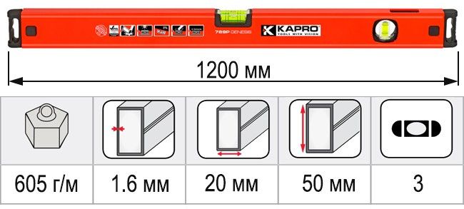 Размеры уровень строительный 1200 мм KAPRO GENESIS 781-41-120