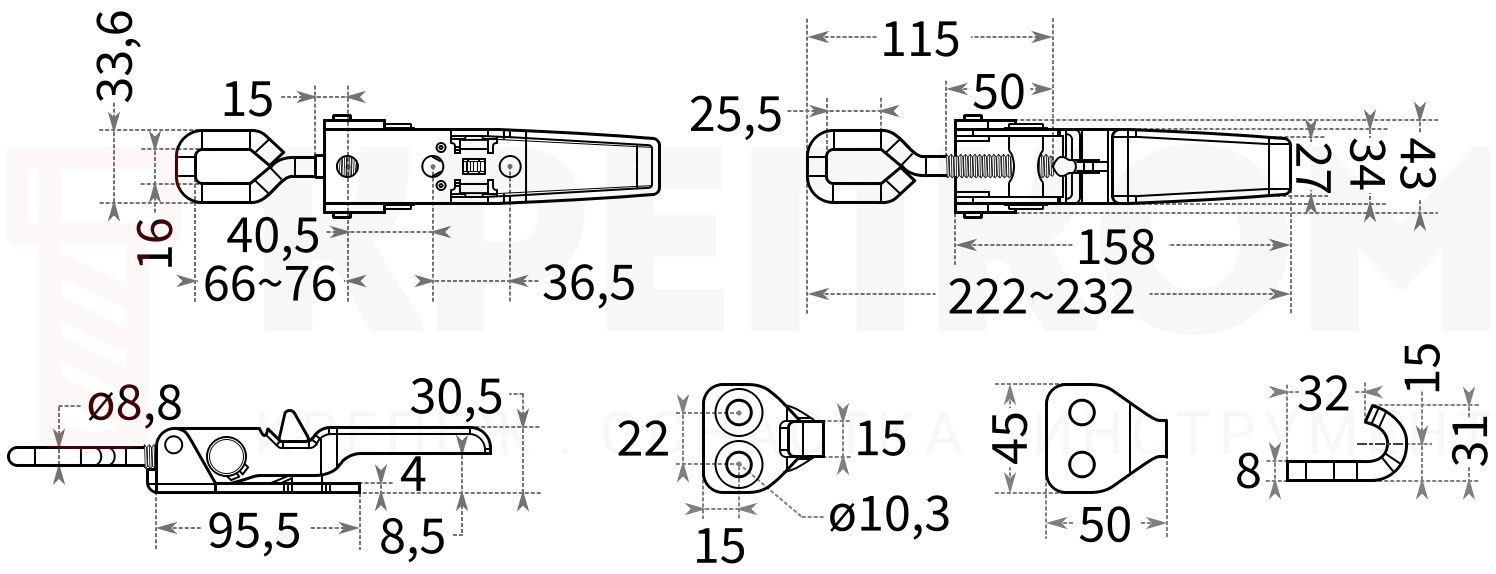 Замок-защелка регулируемый с самоблокировкой L=232 мм, нагрузка 306 кг, 54281, оцинкованная сталь - фото