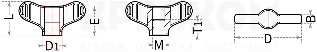 Ручка двухлепестковая внутренней резьбой с отверстием - чертеж