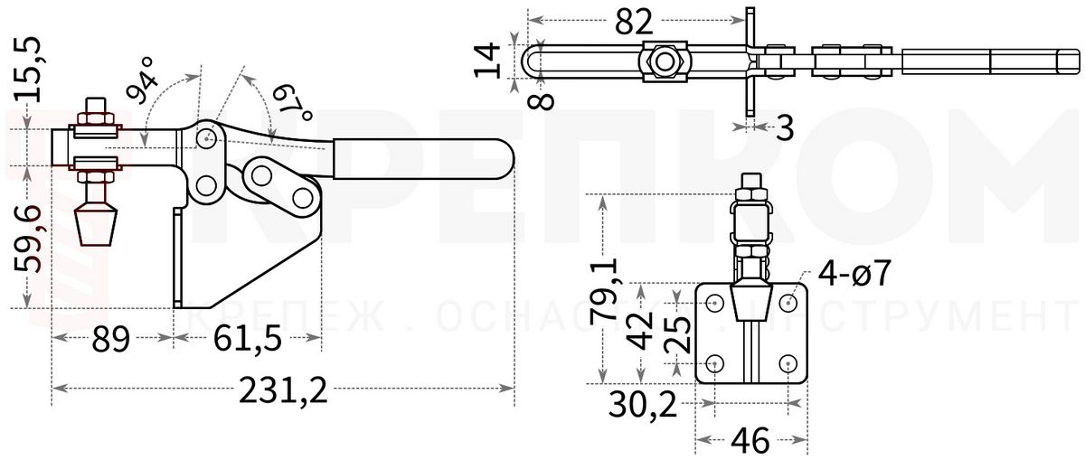Прижим рычажный горизонтальный L=195 мм HD-202F - чертеж с размерами