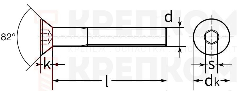 Винт с потайной головкой и внутренним шестигранником DIN 7991 ISO 10642 - чертеж, схема