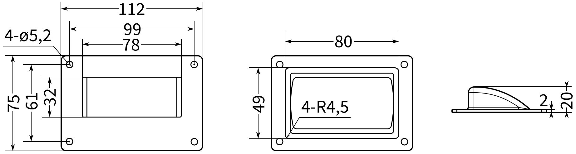 Ручка дверная встраиваемая L=112 N45C-2 - размеры, схема