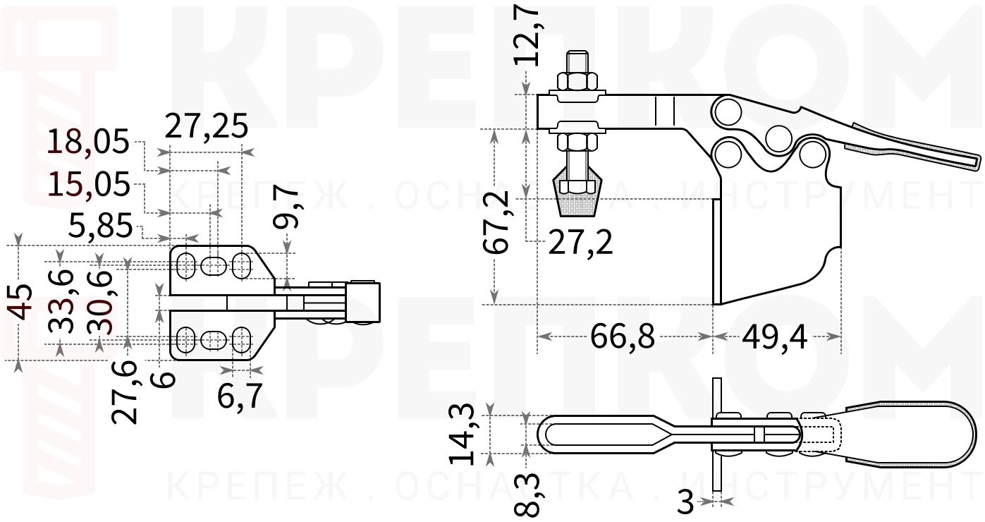 Прижим рычажный горизонтальный HD-225DSM - размеры