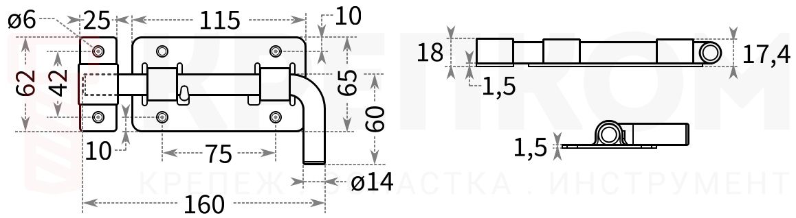 Задвижка дверная 115х62 мм ЗД-03 - схема, чертеж