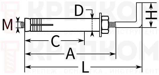 Анкер с г-образным крюком (костыль) AZIS SLR-R1-HK - чертеж, схема