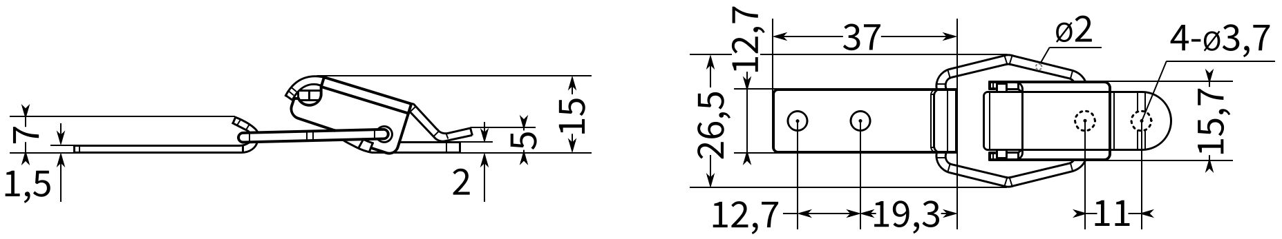 Замок-защелка лягушка L=35 B46C - схема, размеры