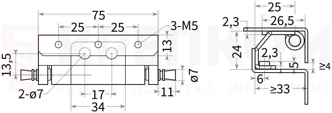 Петля потайная съемная L258 - схема с размерами