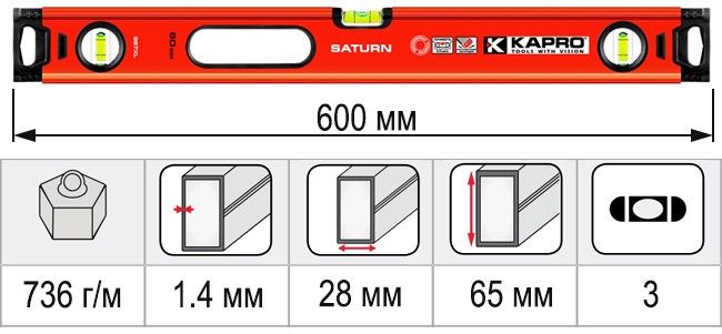 Размеры уровень строительный 600 мм KAPRO SATURN 987XL-41-60