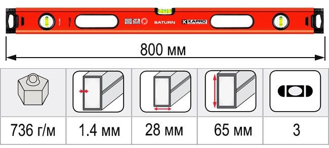 Размеры уровень строительный 800 мм KAPRO SATURN 987XL-41-80