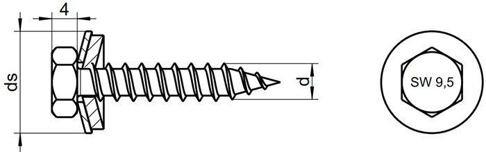 Саморез арт. 9057 (WS9180) с шестигранной головкой и EPDM-прокладкой