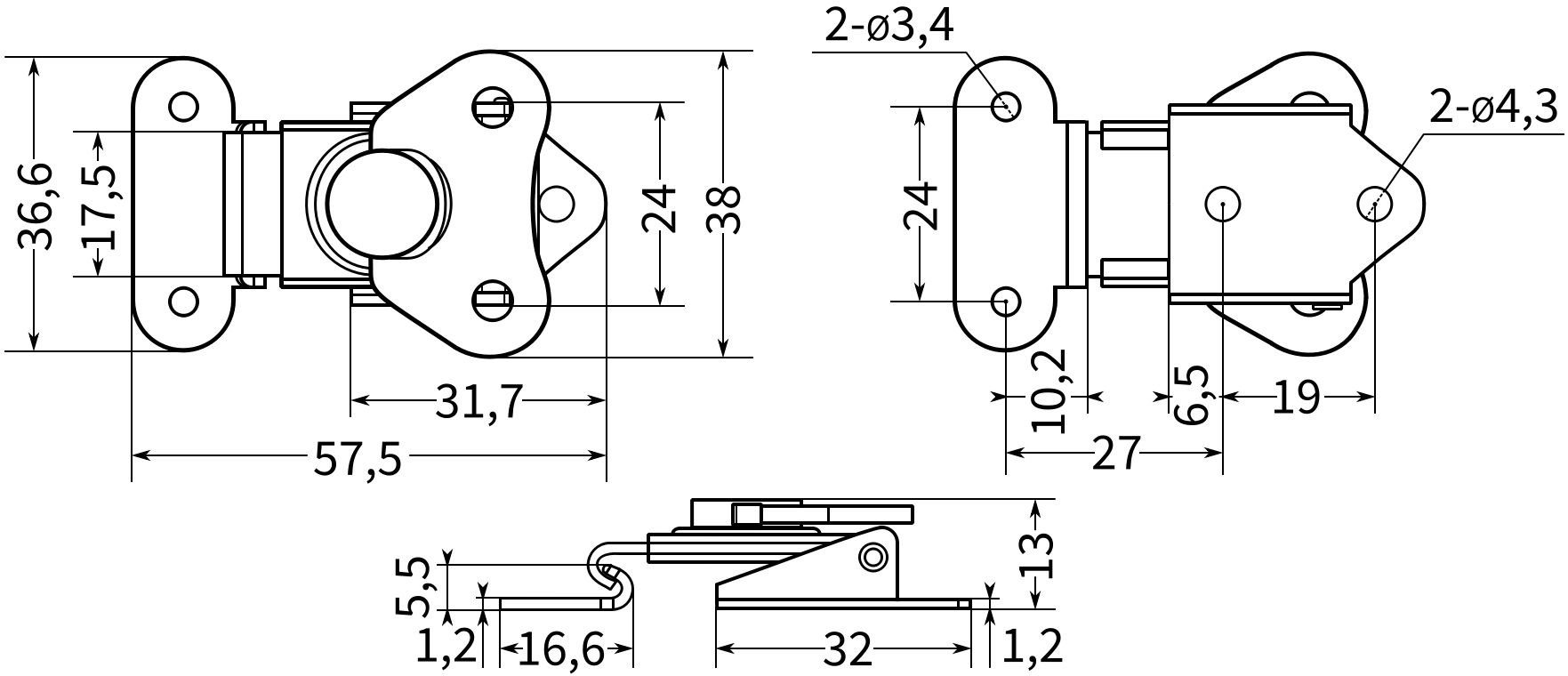 Замок-защелка поворотный L=51 B92C-3, размеры