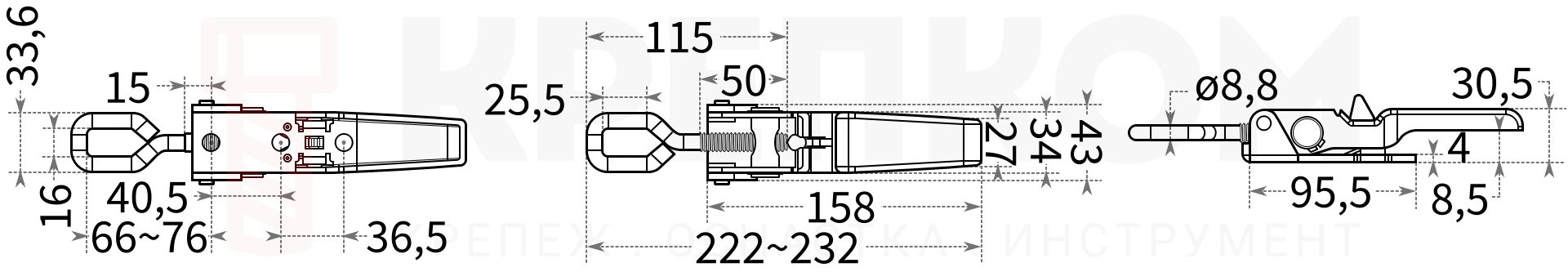 Замок-защелка регулируемый с самоблокировкой L=232 мм 54281 - схема с размерами