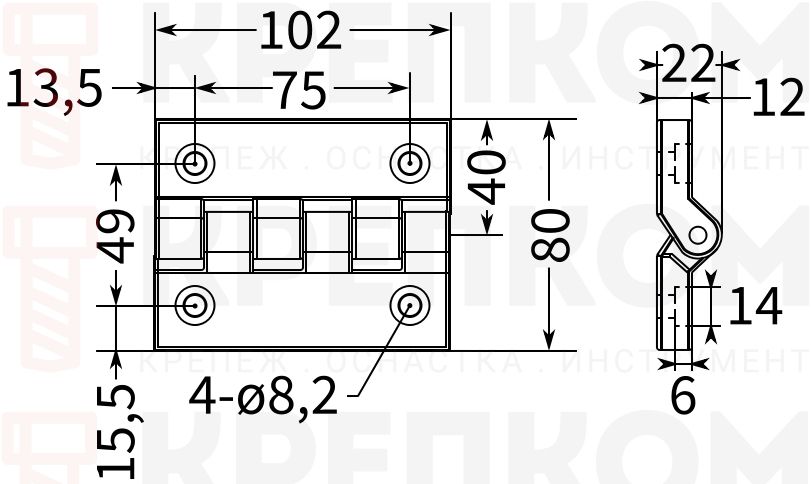 Петля шарнирная 102х80 мм L26 - схема, чертеж