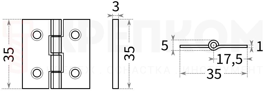 Петля дверная для сундуков и люков Domax ZS 35 - схема, чертеж