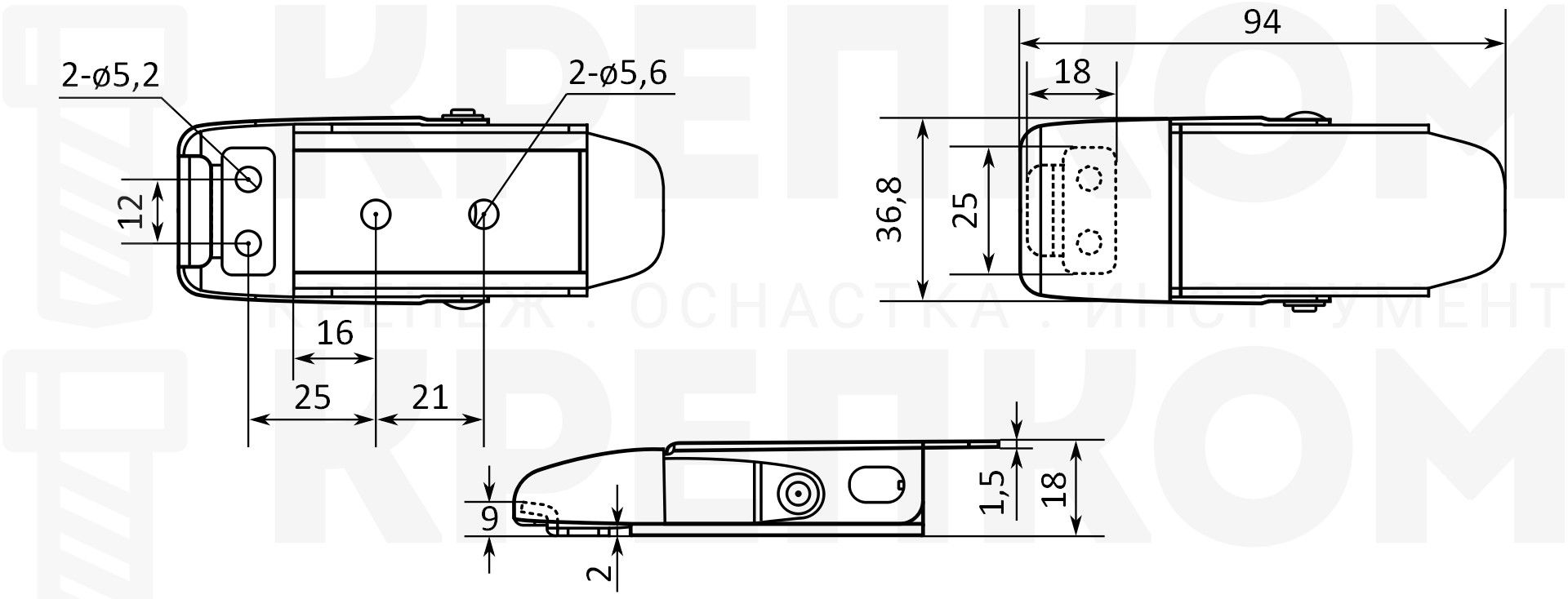 Замок-защелка лягушка L=94 B219C-3 схема с размерами