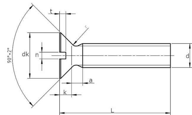 Винт с потайной головкой и прямым шлицем DIN 963 (ISO 2009)-схема