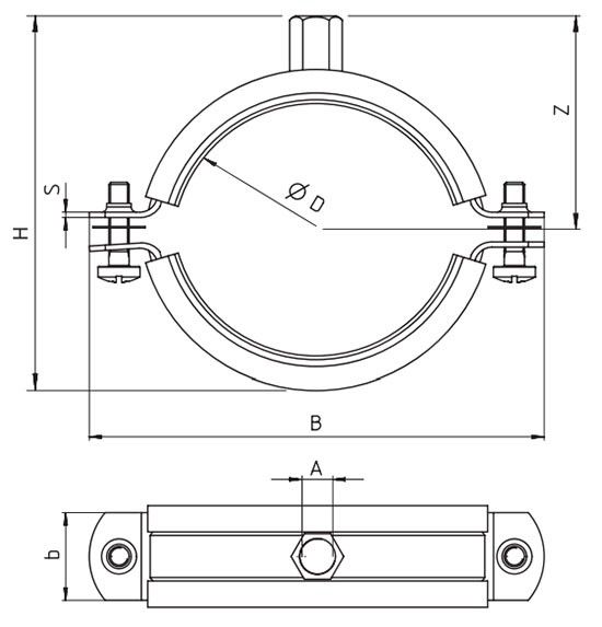 Хомут трубный двухэлементный Fischer FRS HDG с комбинированной гайкой-схема
