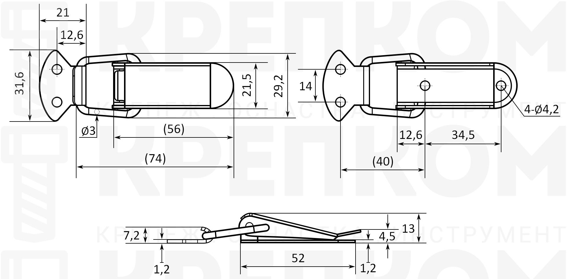 Замок-защелка лягушка L=74 B16, схема и размеры