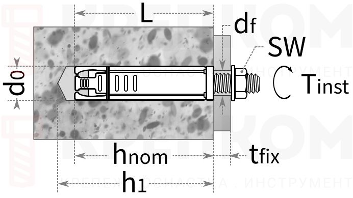Анкер со шпилькой для средних нагрузок Sormat SFB SB - схема, чертеж