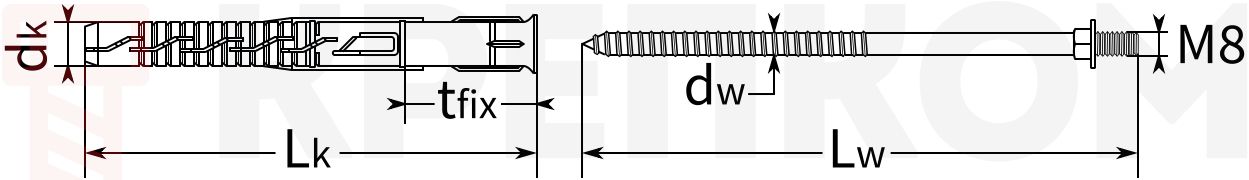 Дюбель рамный c двойной резьбой Wkret-Met KPD с шурупом - схема